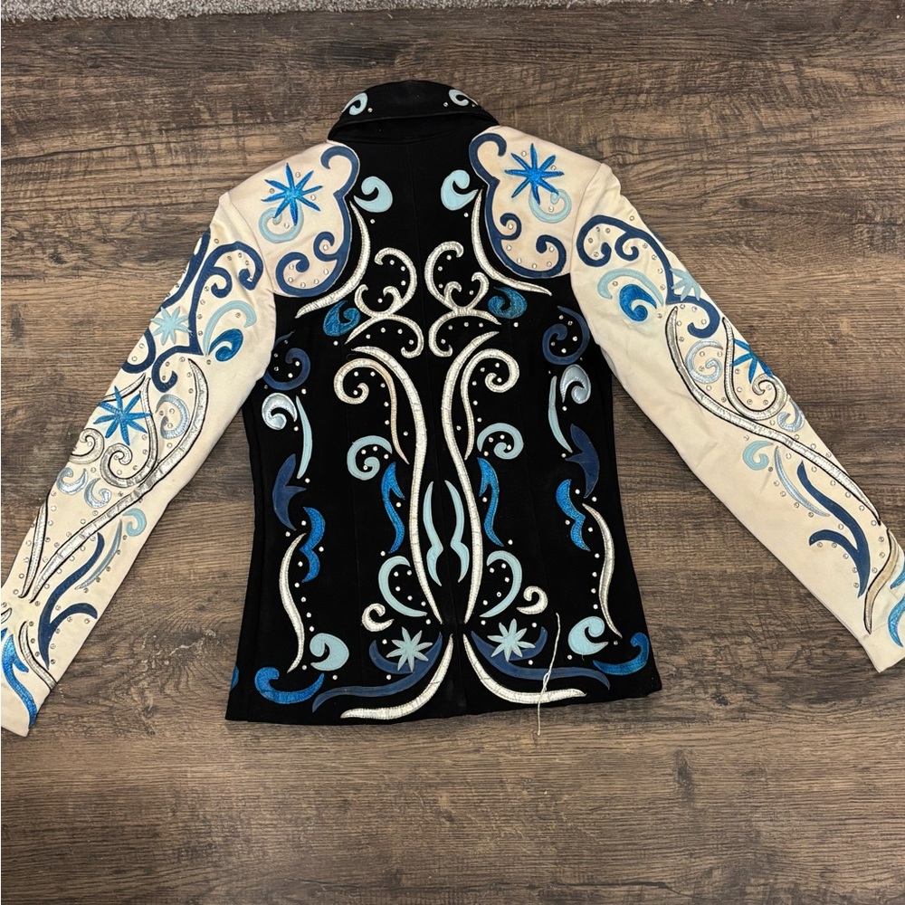 Black and White Embroidered Showmanship Jacket with Blue Accents - Picture 3 of 4